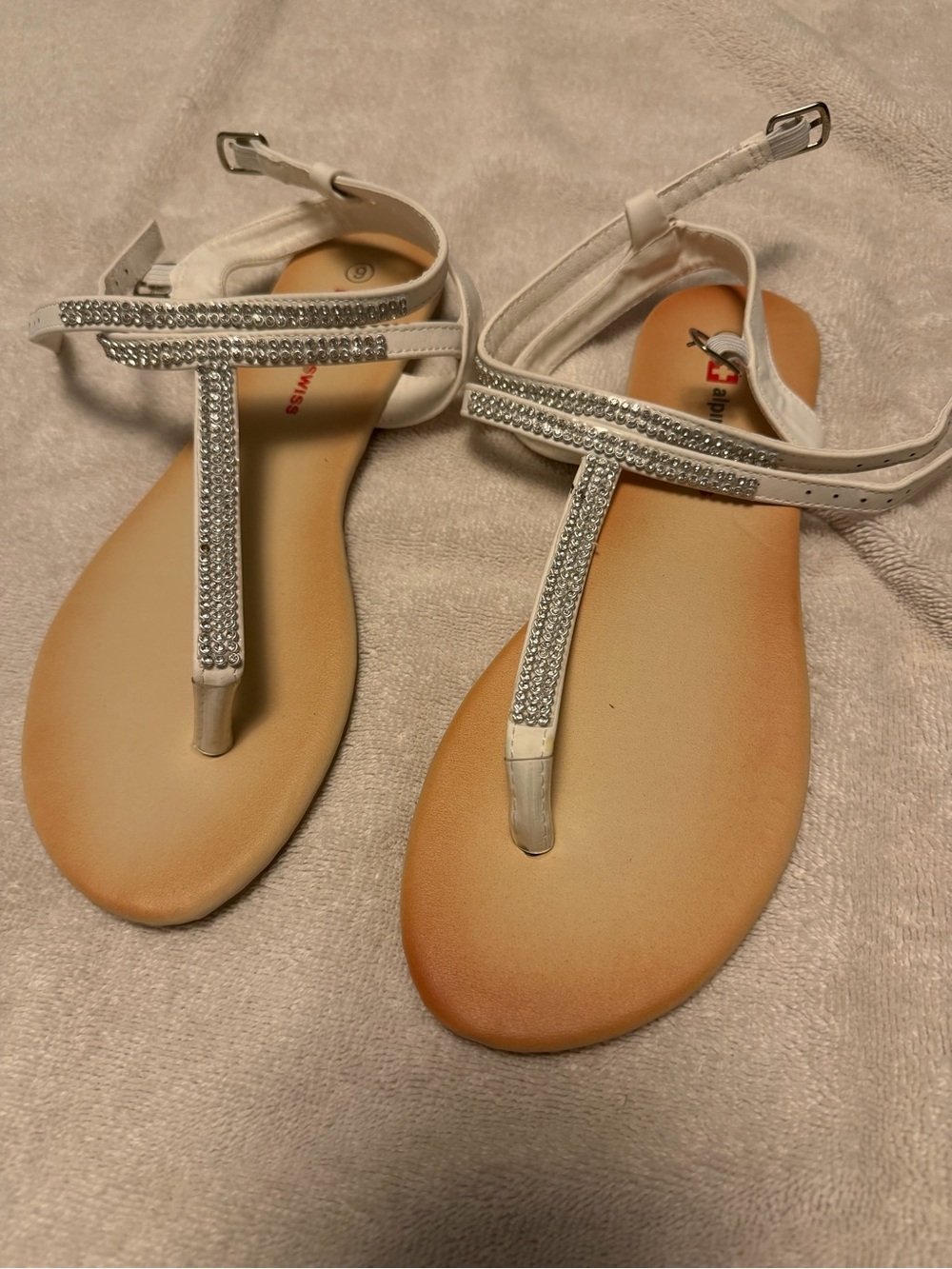Alpine Swiss White Rhinestone T-Strap Sandals